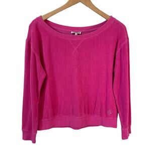JUICY COUTURE Women Terry Cloth Long Sleeve Sweatshirt Pink Small Y2K Logo Bling